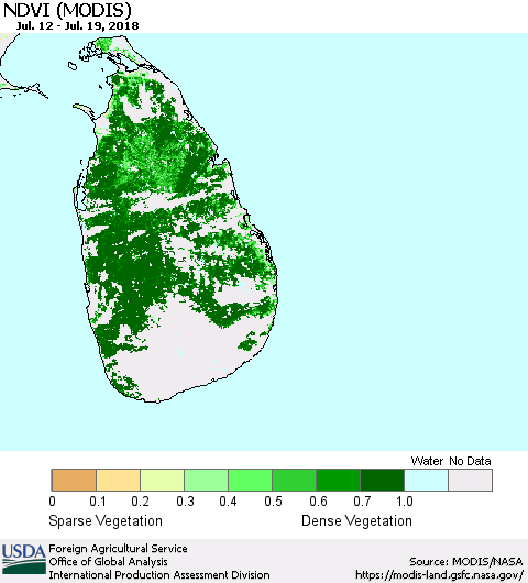 Sri Lanka NDVI (Terra-MODIS) Thematic Map For 7/11/2018 - 7/20/2018