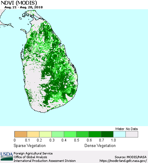 Sri Lanka NDVI (Terra-MODIS) Thematic Map For 8/21/2018 - 8/31/2018