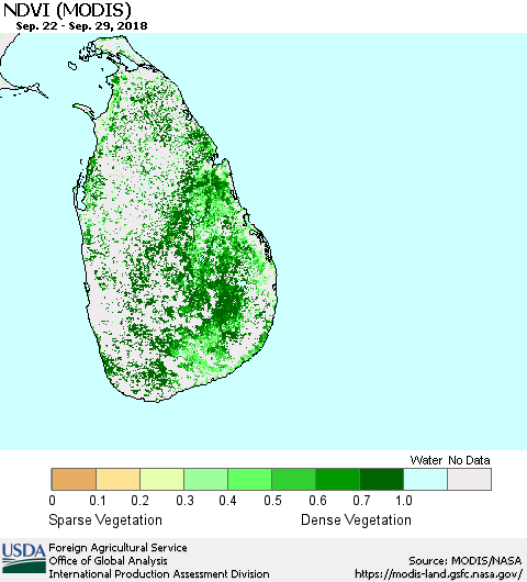 Sri Lanka NDVI (Terra-MODIS) Thematic Map For 9/21/2018 - 9/30/2018