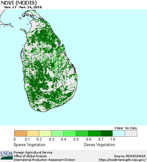 Sri Lanka NDVI (MODIS-Terra) Thematic Map For 11/21/2018 - 11/30/2018