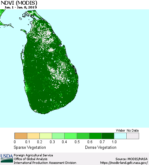 Sri Lanka NDVI (Terra-MODIS) Thematic Map For 1/1/2019 - 1/10/2019