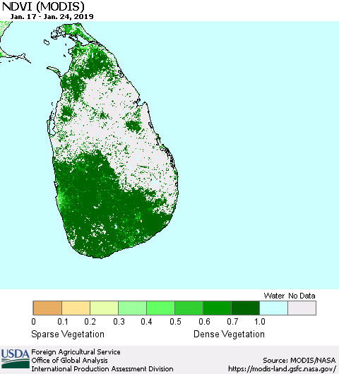 Sri Lanka NDVI (Terra-MODIS) Thematic Map For 1/21/2019 - 1/31/2019