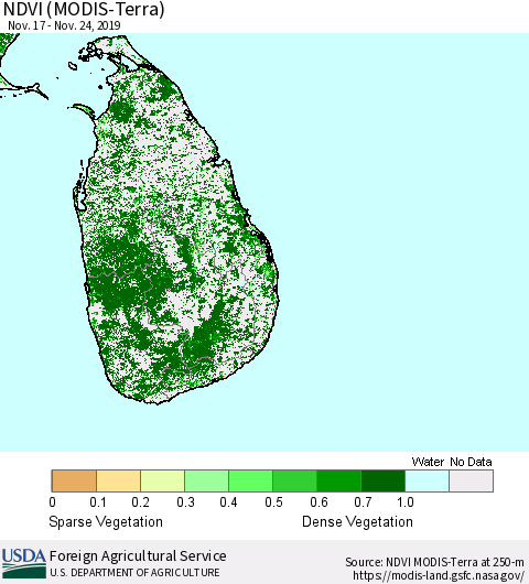 Sri Lanka NDVI (Terra-MODIS) Thematic Map For 11/21/2019 - 11/30/2019