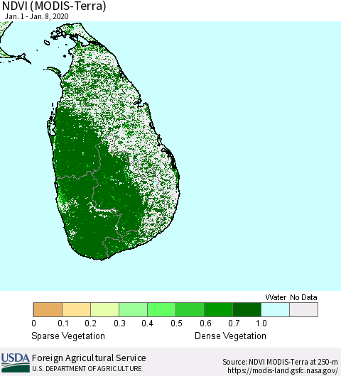 Sri Lanka NDVI (Terra-MODIS) Thematic Map For 1/1/2020 - 1/10/2020
