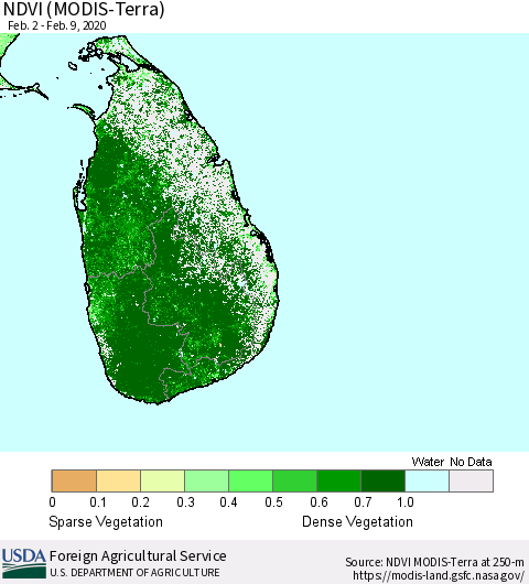 Sri Lanka NDVI (Terra-MODIS) Thematic Map For 2/1/2020 - 2/10/2020