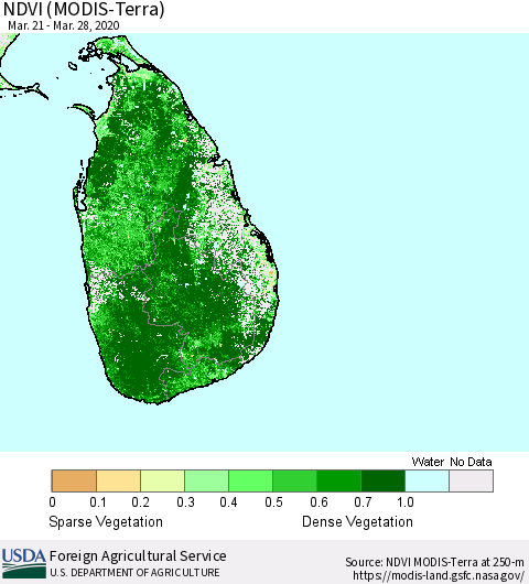 Sri Lanka NDVI (Terra-MODIS) Thematic Map For 3/21/2020 - 3/31/2020