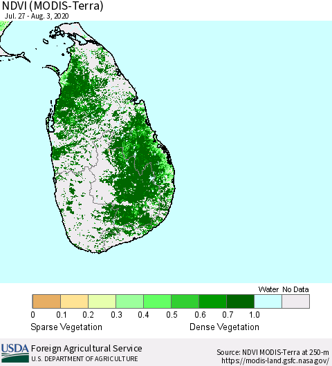 Sri Lanka NDVI (Terra-MODIS) Thematic Map For 8/1/2020 - 8/10/2020