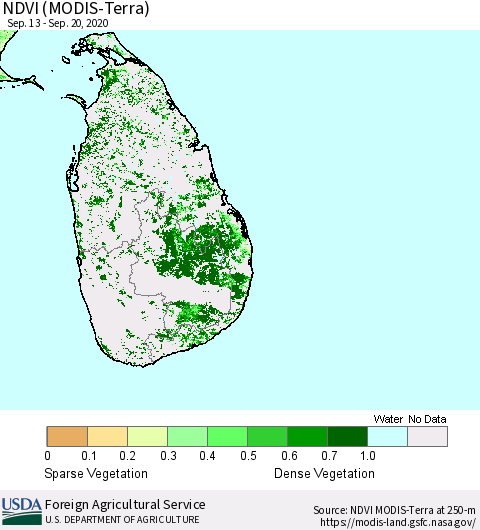 Sri Lanka NDVI (Terra-MODIS) Thematic Map For 9/11/2020 - 9/20/2020