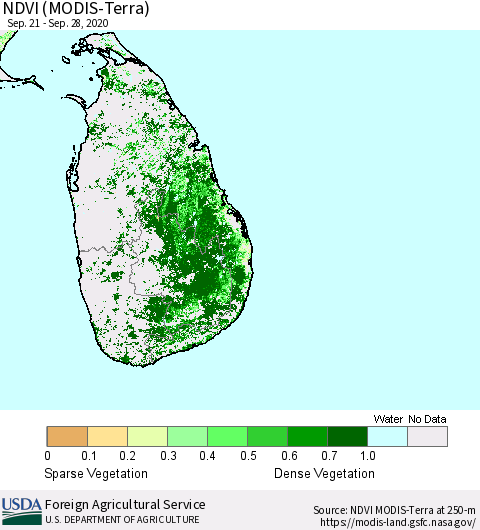 Sri Lanka NDVI (Terra-MODIS) Thematic Map For 9/21/2020 - 9/30/2020