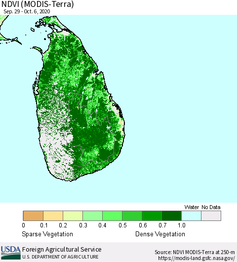 Sri Lanka NDVI (Terra-MODIS) Thematic Map For 10/1/2020 - 10/10/2020