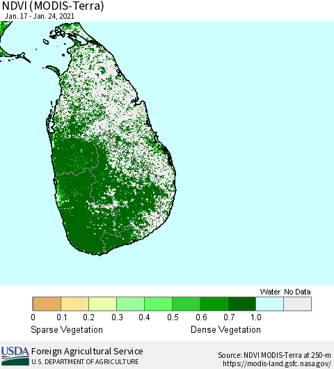 Sri Lanka NDVI (Terra-MODIS) Thematic Map For 1/21/2021 - 1/31/2021