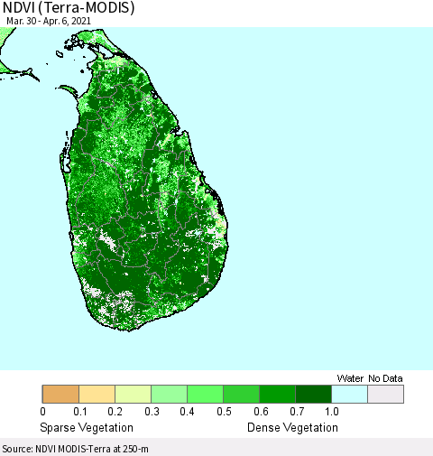 Sri Lanka NDVI (Terra-MODIS) Thematic Map For 3/30/2021 - 4/6/2021