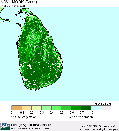 Sri Lanka NDVI (Terra-MODIS) Thematic Map For 4/1/2021 - 4/10/2021