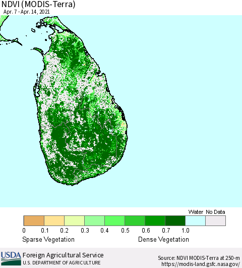 Sri Lanka NDVI (Terra-MODIS) Thematic Map For 4/11/2021 - 4/20/2021