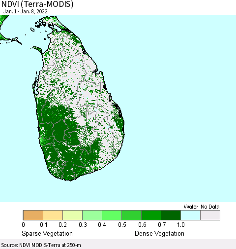 Sri Lanka NDVI (Terra-MODIS) Thematic Map For 1/1/2022 - 1/8/2022