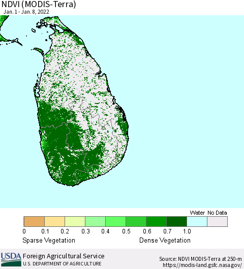Sri Lanka NDVI (Terra-MODIS) Thematic Map For 1/1/2022 - 1/10/2022