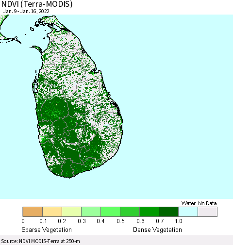 Sri Lanka NDVI (Terra-MODIS) Thematic Map For 1/9/2022 - 1/16/2022