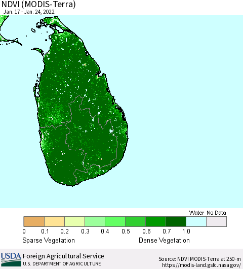 Sri Lanka NDVI (Terra-MODIS) Thematic Map For 1/21/2022 - 1/31/2022