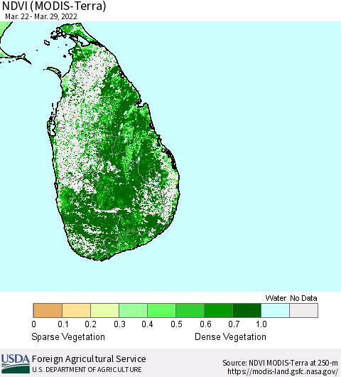 Sri Lanka NDVI (Terra-MODIS) Thematic Map For 3/21/2022 - 3/31/2022