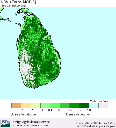 Sri Lanka NDVI (Terra-MODIS) Thematic Map For 9/21/2022 - 9/30/2022