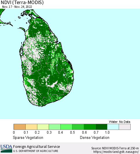 Sri Lanka NDVI (Terra-MODIS) Thematic Map For 11/21/2022 - 11/30/2022