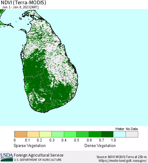 Sri Lanka NDVI (Terra-MODIS) Thematic Map For 1/1/2023 - 1/10/2023
