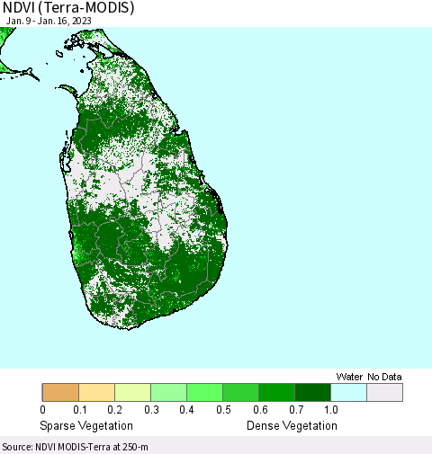 Sri Lanka NDVI (Terra-MODIS) Thematic Map For 1/9/2023 - 1/16/2023