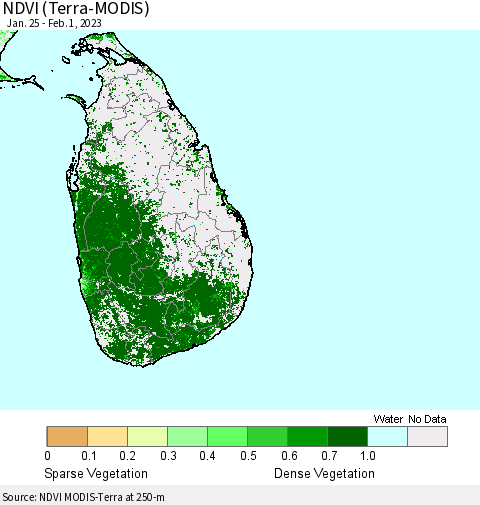 Sri Lanka NDVI (Terra-MODIS) Thematic Map For 1/25/2023 - 2/1/2023