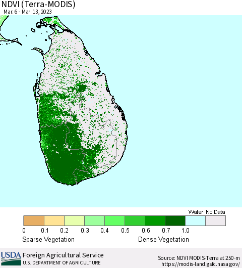 Sri Lanka NDVI (Terra-MODIS) Thematic Map For 3/11/2023 - 3/20/2023