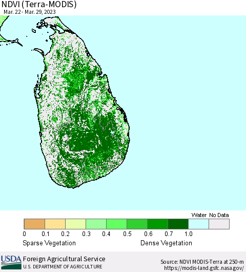 Sri Lanka NDVI (Terra-MODIS) Thematic Map For 3/21/2023 - 3/31/2023