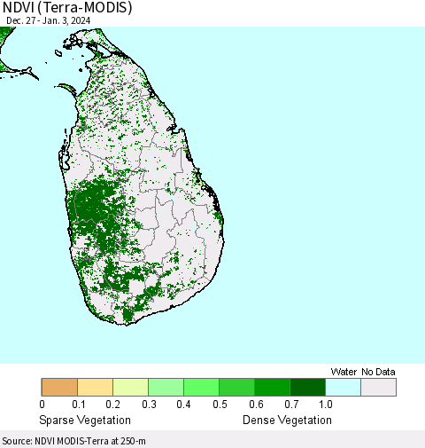 Sri Lanka NDVI (Terra-MODIS) Thematic Map For 12/27/2023 - 1/3/2024