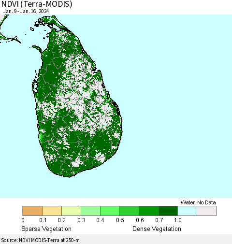 Sri Lanka NDVI (Terra-MODIS) Thematic Map For 1/9/2024 - 1/16/2024