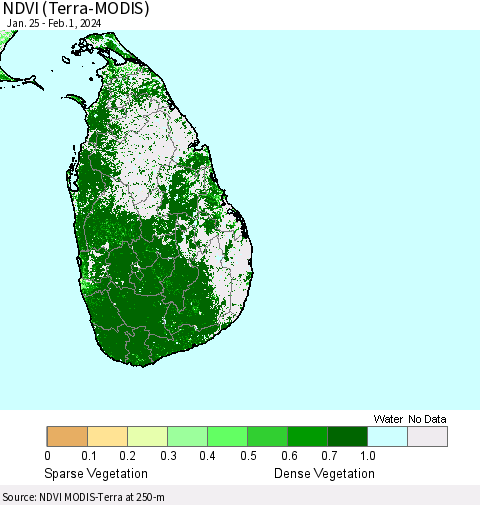 Sri Lanka NDVI (Terra-MODIS) Thematic Map For 1/25/2024 - 2/1/2024