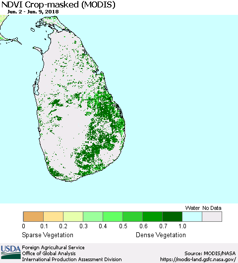 Sri Lanka Cropland NDVI (Terra-MODIS) Thematic Map For 6/1/2018 - 6/10/2018