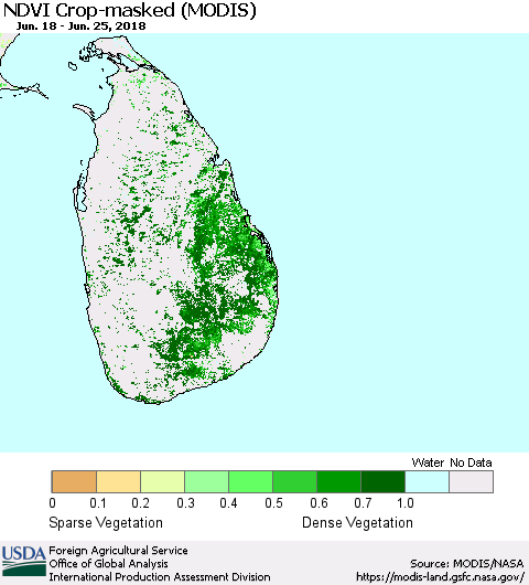 Sri Lanka Cropland NDVI (Terra-MODIS) Thematic Map For 6/21/2018 - 6/30/2018