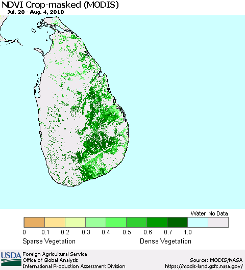 Sri Lanka Cropland NDVI (Terra-MODIS) Thematic Map For 8/1/2018 - 8/10/2018