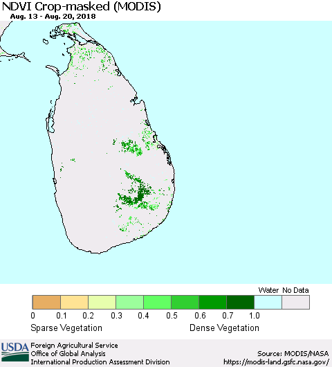 Sri Lanka Cropland NDVI (Terra-MODIS) Thematic Map For 8/11/2018 - 8/20/2018