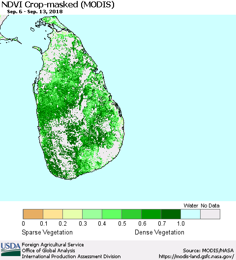 Sri Lanka Cropland NDVI (Terra-MODIS) Thematic Map For 9/11/2018 - 9/20/2018