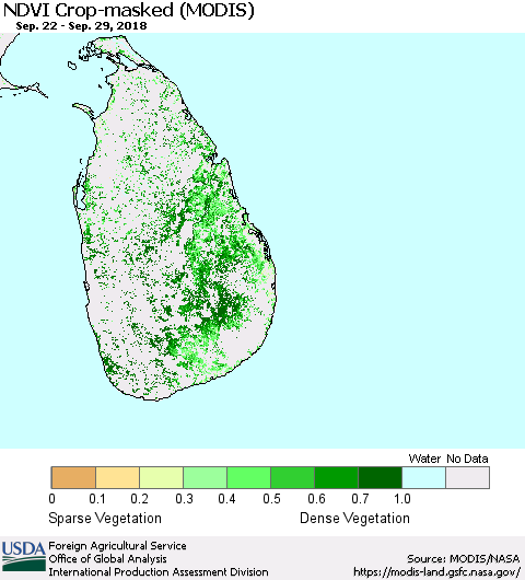 Sri Lanka Cropland NDVI (Terra-MODIS) Thematic Map For 9/21/2018 - 9/30/2018