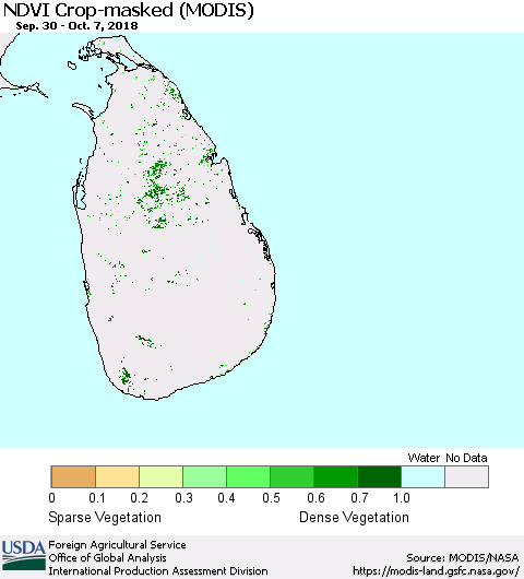 Sri Lanka NDVI Crop-masked (MODIS-Terra) Thematic Map For 10/1/2018 - 10/10/2018
