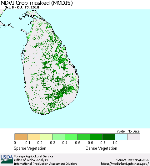 Sri Lanka NDVI Crop-masked (MODIS-Terra) Thematic Map For 10/11/2018 - 10/20/2018