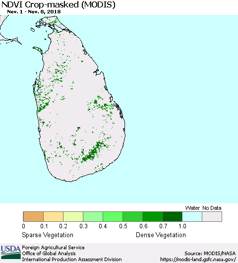 Sri Lanka NDVI Crop-masked (MODIS-Terra) Thematic Map For 11/1/2018 - 11/10/2018