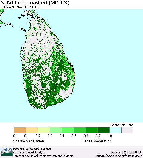 Sri Lanka NDVI Crop-masked (MODIS-Terra) Thematic Map For 11/11/2018 - 11/20/2018