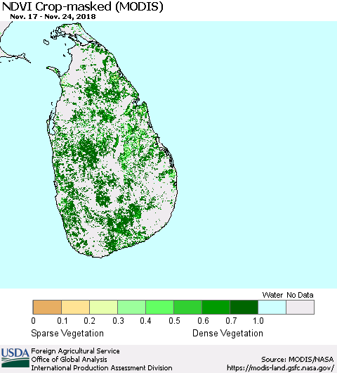 Sri Lanka Cropland NDVI (Terra-MODIS) Thematic Map For 11/21/2018 - 11/30/2018