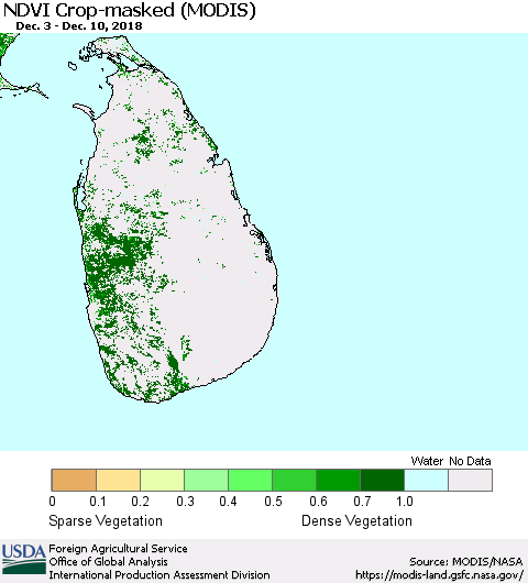 Sri Lanka NDVI Crop-masked (MODIS-Terra) Thematic Map For 12/1/2018 - 12/10/2018