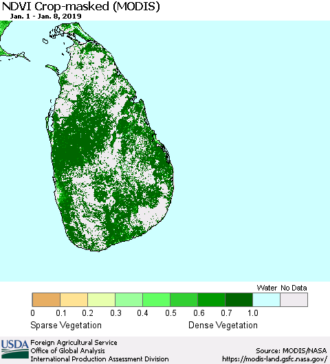 Sri Lanka NDVI Crop-masked (MODIS-Terra) Thematic Map For 1/1/2019 - 1/10/2019