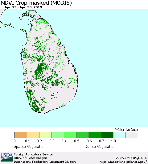 Sri Lanka NDVI Crop-masked (MODIS-Terra) Thematic Map For 4/21/2019 - 4/30/2019