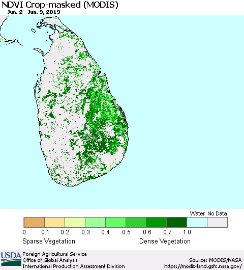 Sri Lanka Cropland NDVI (Terra-MODIS) Thematic Map For 6/1/2019 - 6/10/2019