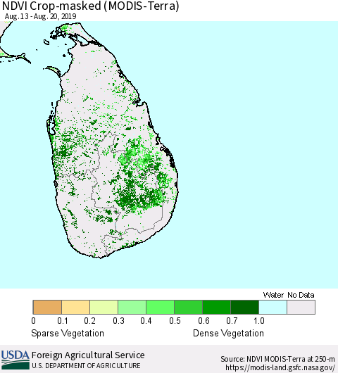 Sri Lanka Cropland NDVI (Terra-MODIS) Thematic Map For 8/11/2019 - 8/20/2019