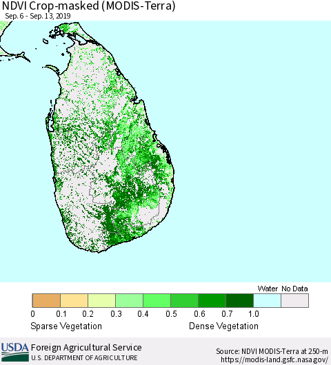 Sri Lanka Cropland NDVI (Terra-MODIS) Thematic Map For 9/11/2019 - 9/20/2019